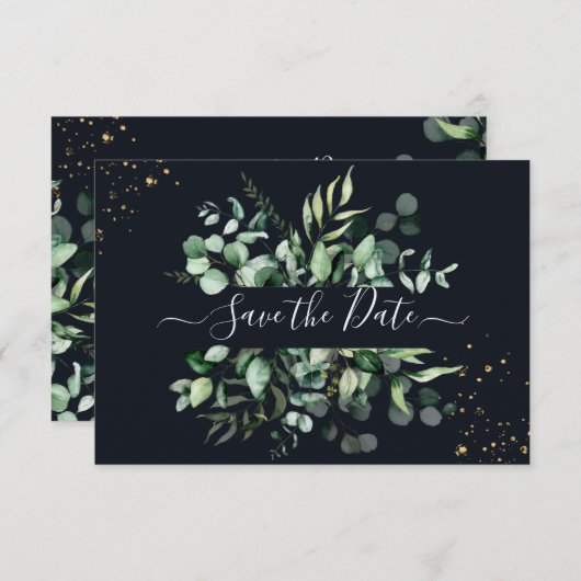 PixDezines Rustic Eukalyptus Navy n Gold Rettete T Save The Date (Vorne/Hinten)
