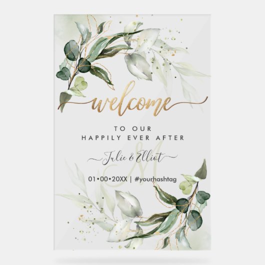 PixDezines Rustic Greenery Gum Eucalyptus Willkomm Acrylschild (Vorderseite)