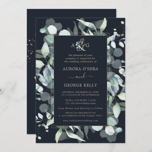 PixDezines Rustic Gum Eucalyptus Navy Blue Einladung (Vorne/Hinten)