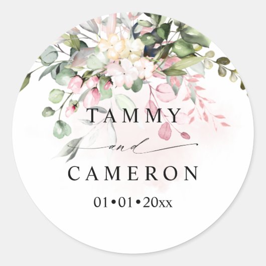 PixDezines Rustic Watercolor Blush Gum Eukalyptus Runder Aufkleber (Vorderseite)