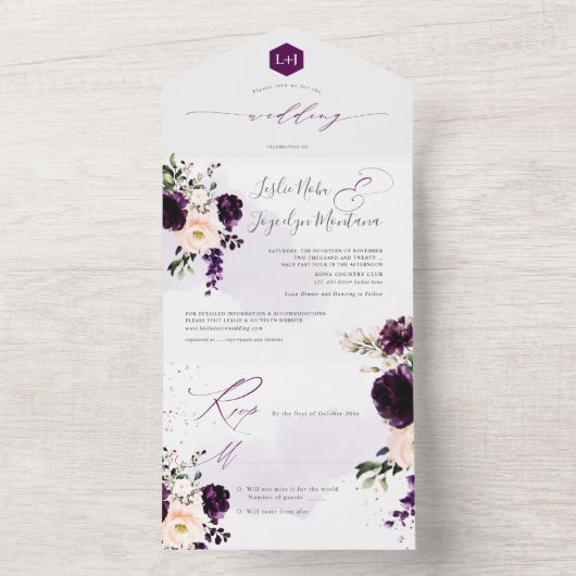 PixDezines Rustikaler Dunkler Lila H2-Rose Peonies All In One Einladung (Innen Boden)