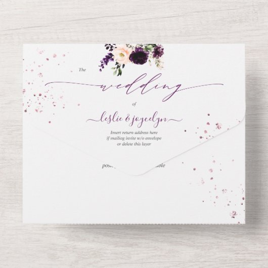 PixDezines Rustikaler Dunkler Lila H2-Rose Peonies All In One Einladung (Rückseite)