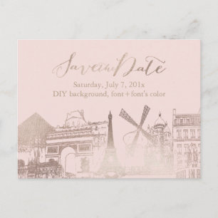 PixDezines/Save Date/Faux Pink Gold/Paris Sketched Ankündigungspostkarte