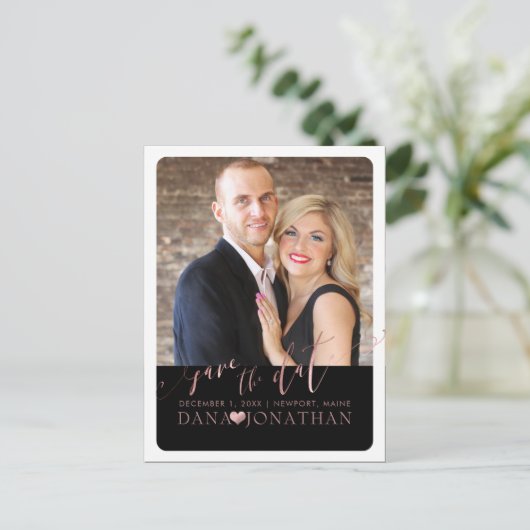 PixDezines Save the Date/Rose Gold/Cooles Script Postkarte (Stehend Vorderseite)