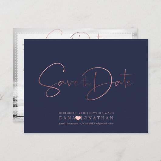 PixDezines Save the Date/Rose Gold Script Postkarte (Vorne/Hinten)