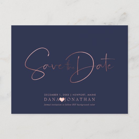 PixDezines Save the Date/Rose Gold Script Postkarte (Vorderseite)