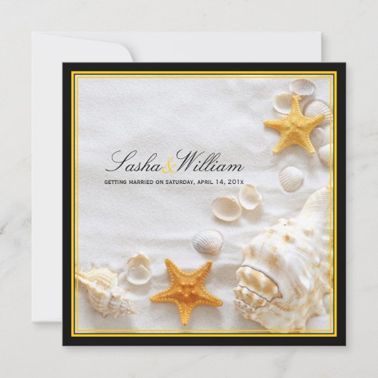 PixDezines Seashells/Strand/gelb+schwarze Rahmen Einladung (Vorderseite)