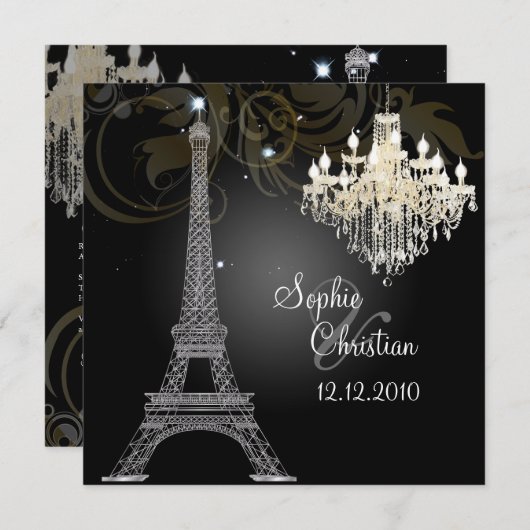 PixDezines SILVER EIFFEL+CRYSTAL CHANDELIN Einladung (Vorne/Hinten)