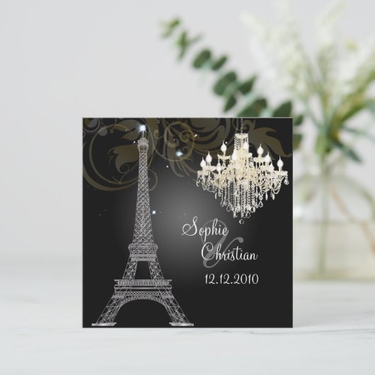 PixDezines SILVER EIFFEL+CRYSTAL CHANDELIN Einladung (Stehend Vorderseite)