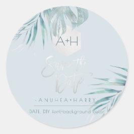 PixDezines Silver Palms Monogram, Save the Date Runder Aufkleber