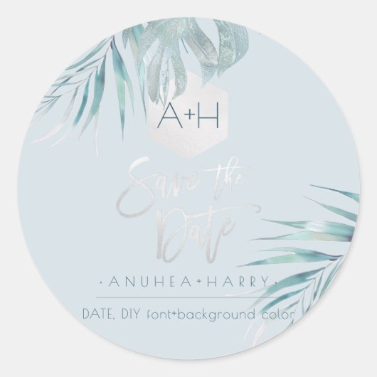 PixDezines Silver Palms Monogram, Save the Date Runder Aufkleber (Vorderseite)