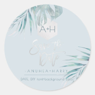 PixDezines Silver Palms Monogram, Save the Date Runder Aufkleber
