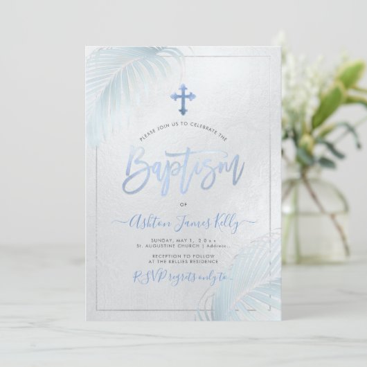 PixDezines Silver Palms Taufe Einladung (Stehend Vorderseite)