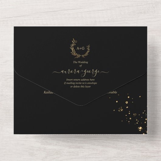 PixDezines Simple Black Imitats Goldrand All In One Einladung (Rückseite)