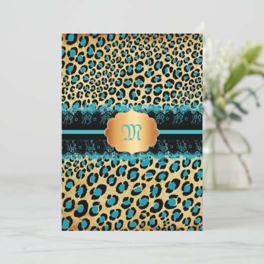 PixDezines-Spitzen+Leoparflecken/aquamarin+Schwarz Einladung (Stehend Vorderseite)
