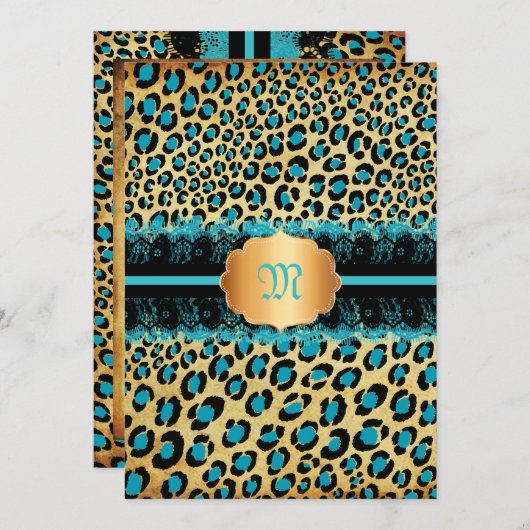 PixDezines-Spitzen+Leoparflecken/aquamarin+Schwarz Einladung (Vorne/Hinten)