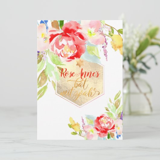 PixDezines Spring Watercolor Blume Bat Mitzvah Einladung (Stehend Vorderseite)
