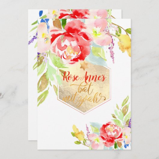 PixDezines Spring Watercolor Blume Bat Mitzvah Einladung (Vorne/Hinten)
