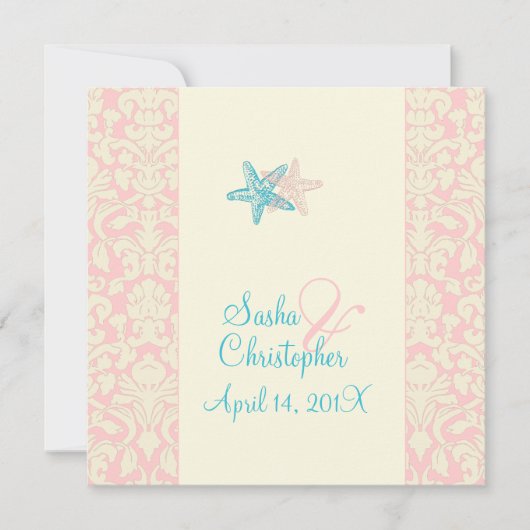 PixDezines Starfish + Damask Hochzeitseinladungen Einladung (Vorderseite)