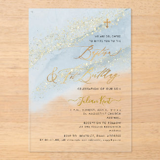 PixDezines Staubblau Gold Taufe+1.Geburtstag Acryleinladungen