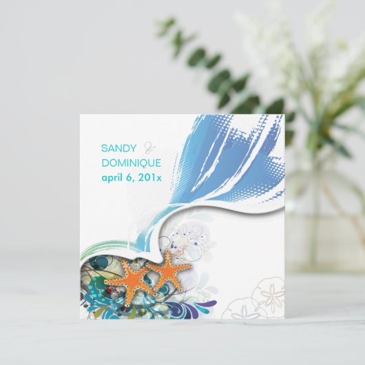 PixDezines Strand Hochzeit-/DJ-Hintergrundfarbe Einladung (Stehend Vorderseite)