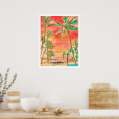 PixDezines Sunset Hawaiian Beach/Coral/Aquamarin Poster (Küche)