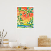 PixDezines Sunset Hawaiian Beach/Coral/Blue Poster (Küche)