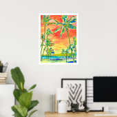 PixDezines Sunset Hawaiian Beach/Coral/Blue Poster (Heimbüro)