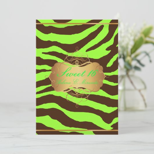 PixDezines SWEET 16/BROWN ZEBRA/DIY NEON GREEN Einladung (Stehend Vorderseite)