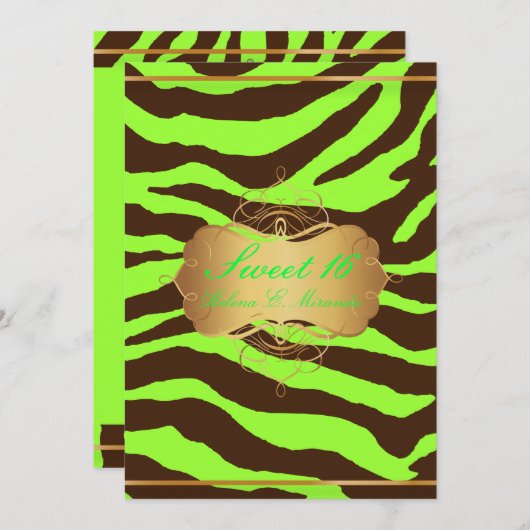 PixDezines SWEET 16/BROWN ZEBRA/DIY NEON GREEN Einladung (Vorne/Hinten)