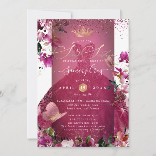 PixDezines Sweet 16 Cherry Red Dress Einladung (Rückseite)