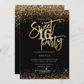 PixDezines Sweet 16 Diamond Black Gold Glitzer Einladung (Vorne/Hinten)