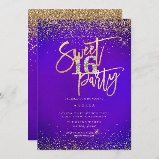 PixDezines Sweet 16 Diamond Glitzer Ultra Violet Einladung (Vorne/Hinten)