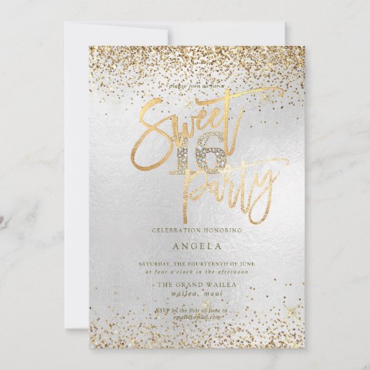 PixDezines Sweet 16 Diamond Silver Gold Glitzer Einladung (Vorderseite)