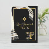 PixDezines talit/kippot/Bar mitzvah/Schwarz/Gold Einladung (Stehend Vorderseite)