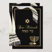 PixDezines talit/kippot/Bar mitzvah/Schwarz/Gold Einladung (Vorne/Hinten)
