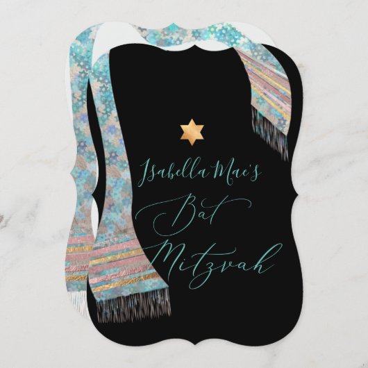 PixDezines Tallit Aqua Türkis Blue Bat Mitzvah Einladung (Vorne/Hinten)