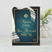 PixDezines tallit Bar mitzvah/aquamarin/gold Einladung (Stehend Vorderseite)