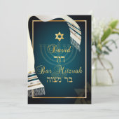 PixDezines Tallit Bar mitzvah/aquamarin/gold Einladung (Stehend Vorderseite)