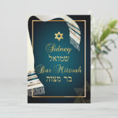 PixDezines tallit Bar mitzvah/aquamarin/gold Einladung (Stehend Vorderseite)