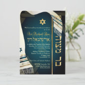 PixDezines tallit Bar Mitzvah/dunkelblau/aquamarin Einladung (Stehend Vorderseite)