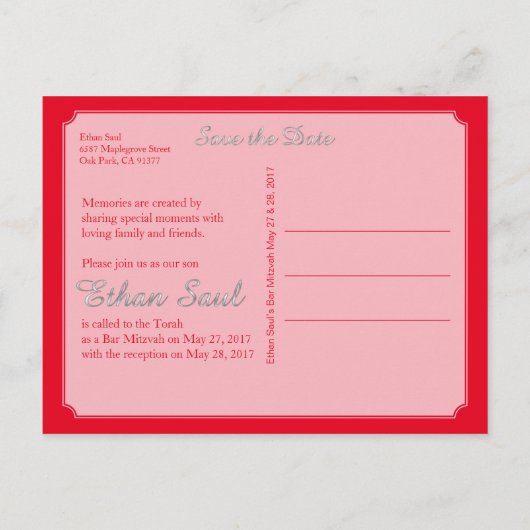 PixDezines TALLIT/RED/MITZVAH Save the Date Ankündigungspostkarte (Rückseite)