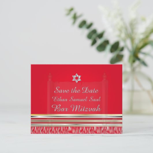 PixDezines TALLIT/RED/MITZVAH Save the Date Ankündigungspostkarte (Stehend Vorderseite)