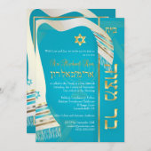 PixDezines tallits Bar Mitzvah/blau/gold Einladung (Vorne/Hinten)
