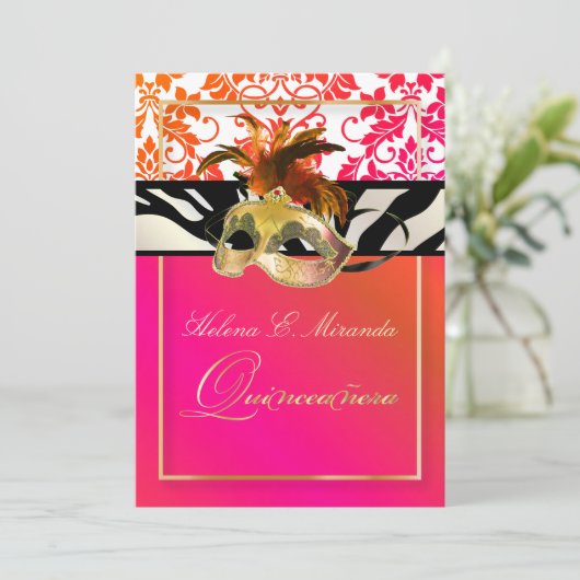 PixDezines Tanza Damask/Quinceanera/Zebra Einladung (Stehend Vorderseite)