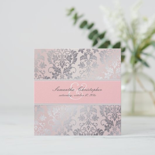 PixDezines Tanza Rose+Silver/Pink+Grau Einladung (Stehend Vorderseite)