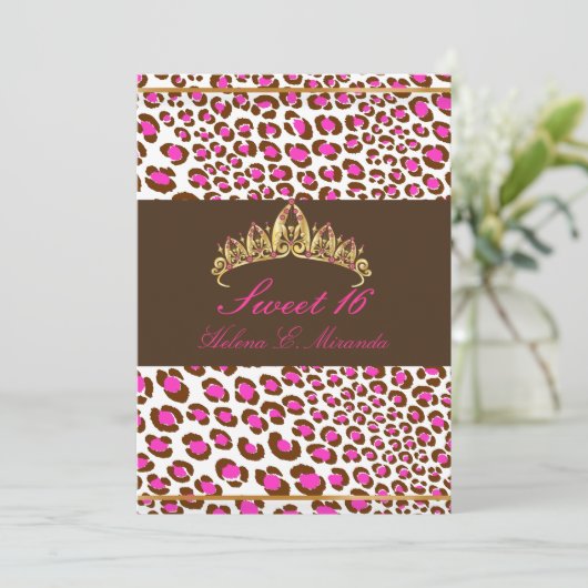 PixDezines Tiara+Leopard Süße 16/rosa Schokolade Einladung (Stehend Vorderseite)