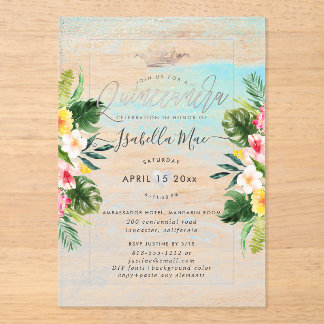 PixDezines Tropical Flowers+Beach Quinceanera Acryleinladungen