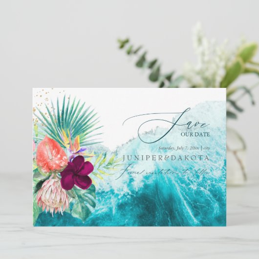 PixDezines Tropical Paradise Beach Rett Datum Einladung (Stehend Vorderseite)