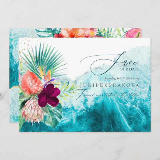 PixDezines Tropical Paradise Beach Rett Datum Einladung (Vorne/Hinten)